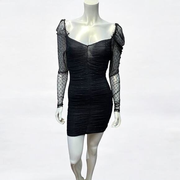 SHEIN Black Mesh Polka Dot Sleeve Bodycon Mini Dress Sweetheart Neck Party XS - Picture 1 of 9